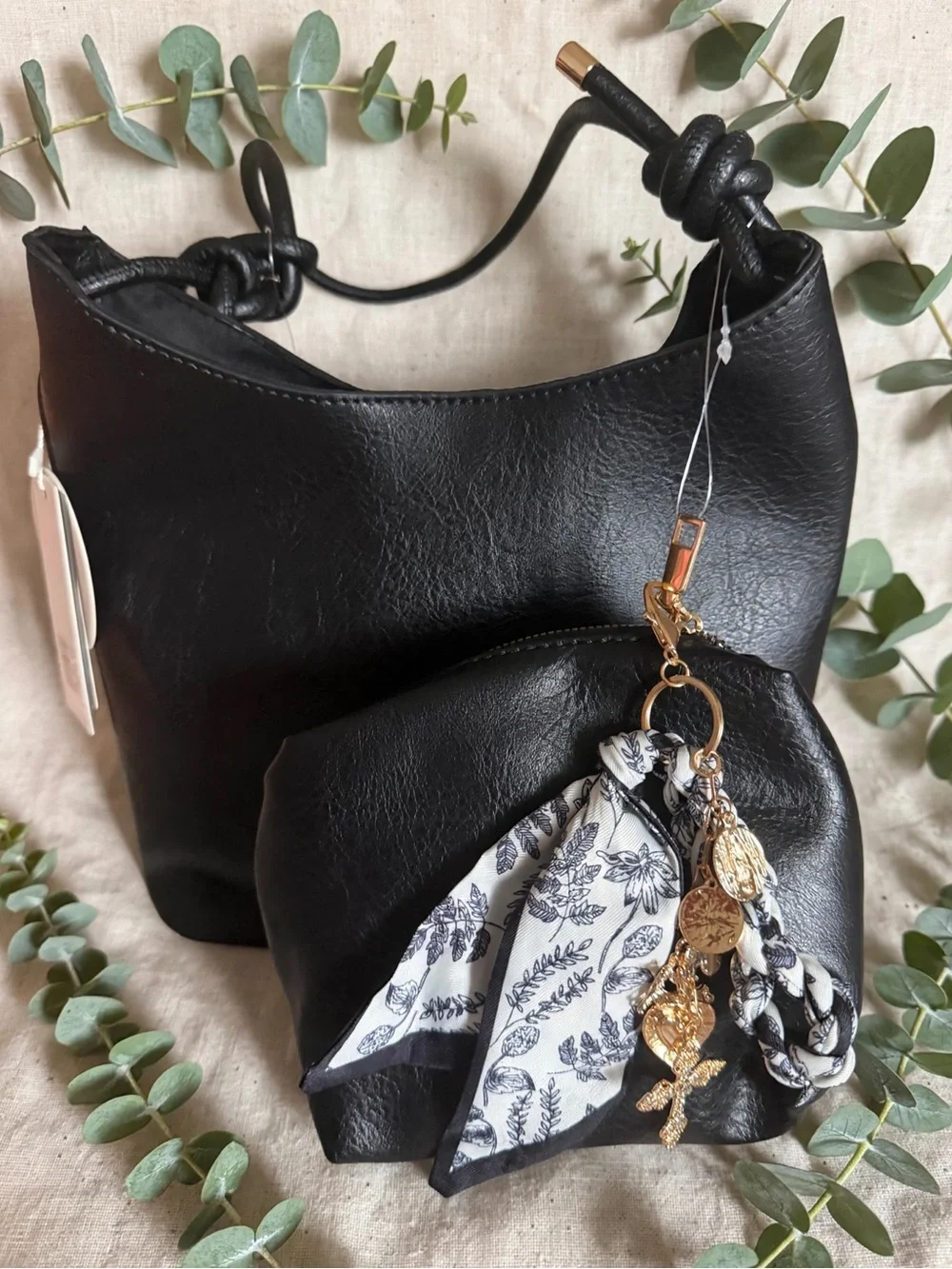 Black Women's Hobo Shoulder Bag with Decorative Scarf and Charm Accent